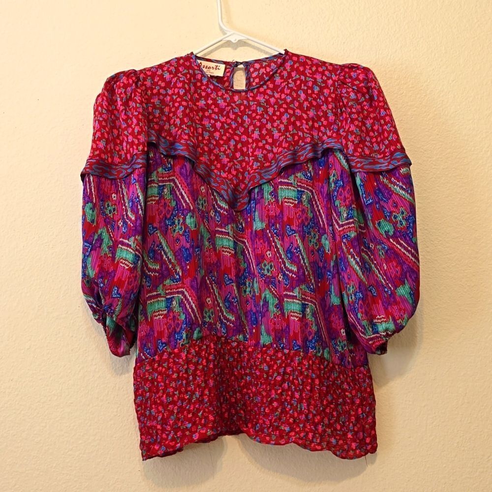 Vintage Assorti Susan Freis geometric floral polkadot crew neck ruffle blouse L